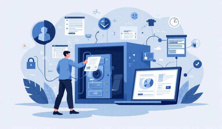 Data collection illustration showing various types of information being securely processed